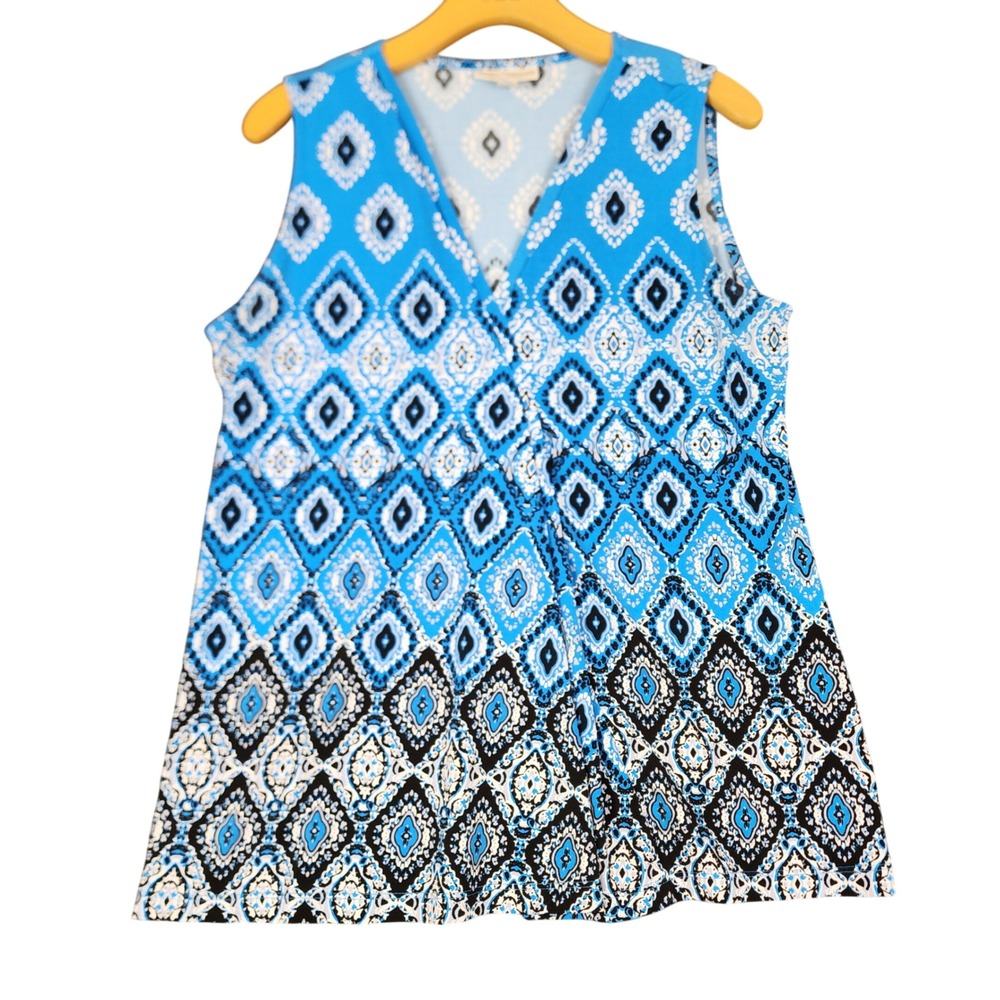 Dana Buchman Blue Black Geometric Diamond Medallion Faux Wrap Sleeveless Top M